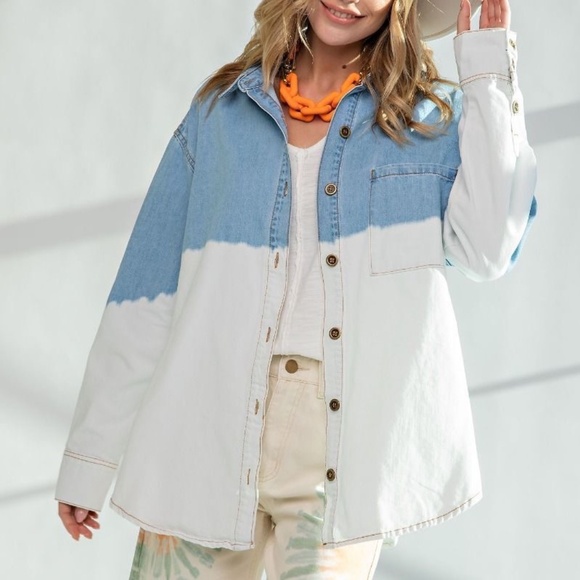 New EASEL LIGHT DENIM BUTTON UP OVERSIZED DENIM SHIRT SHACKET Small JEAN JACKET - Picture 9 of 12